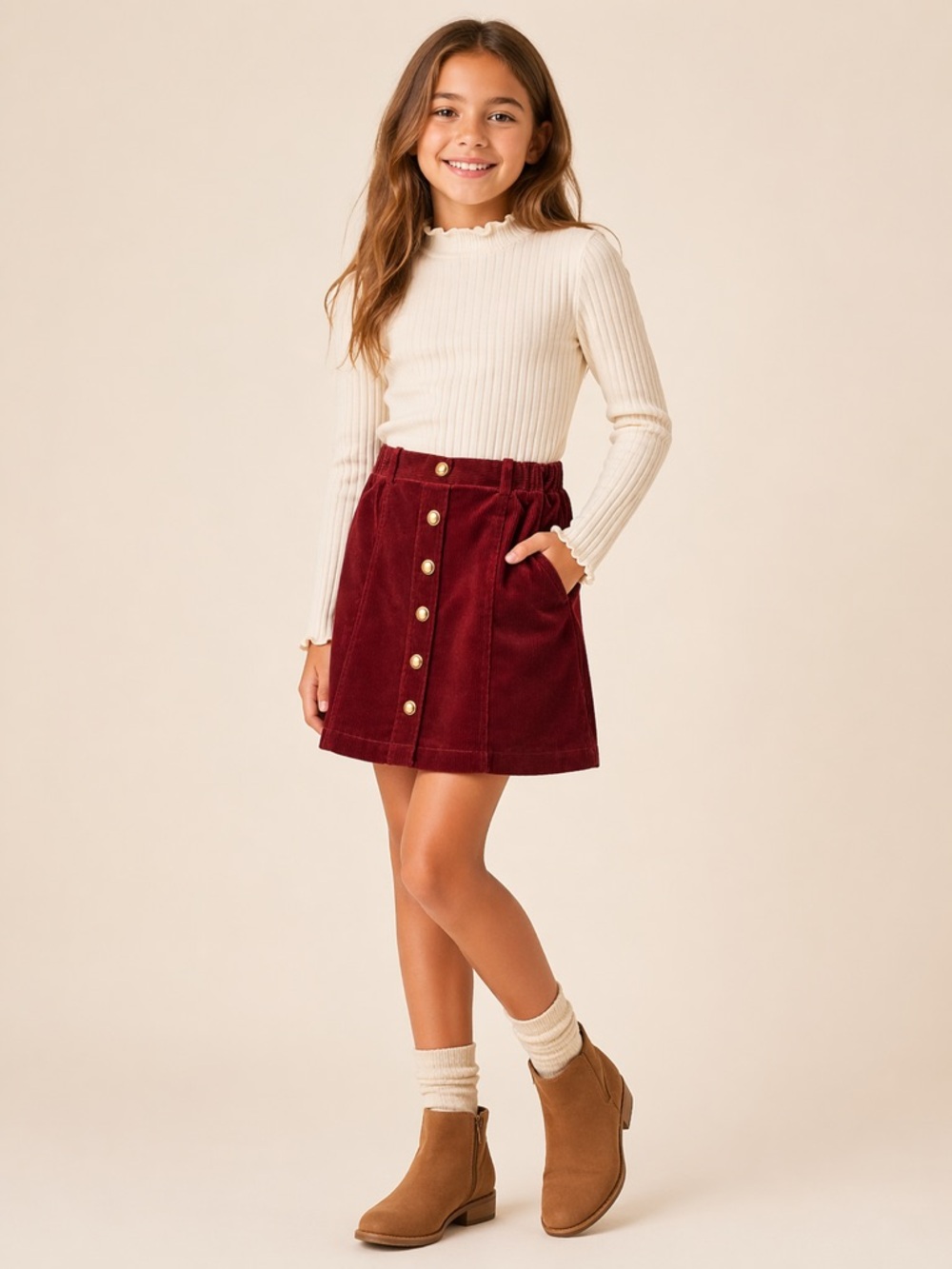 A Loves A Girls Corduroy Mini Skirt Kids Burgundy Gold Button A-Line M 10-12Y